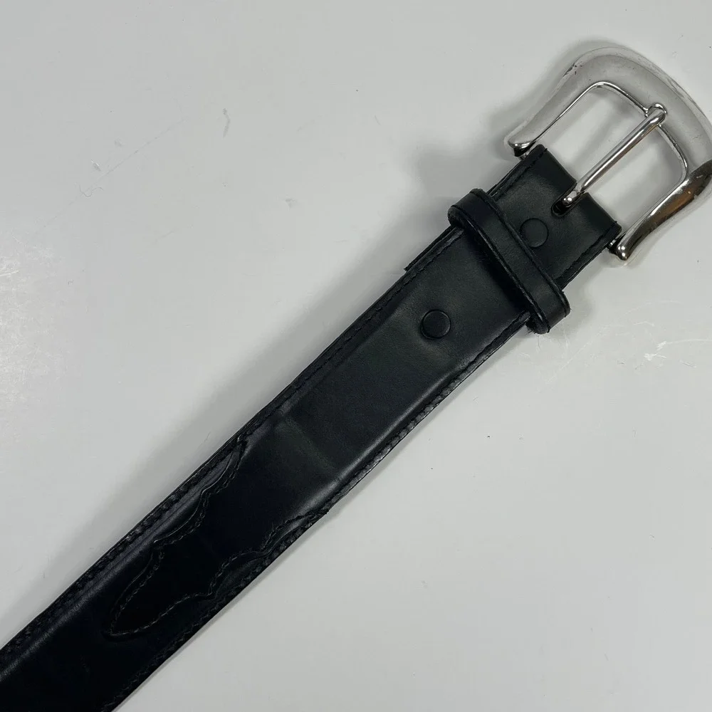 Vintage Tony Lama Leather Western Belt Mens 42 Black Stitch Detail Silver Buckle
